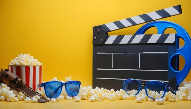 Popcorn, Clapperboard, and Film Reel on Yellow Background