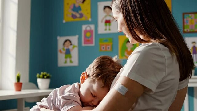 Mother comforts child during vaccination at health clinic in pediatric room decorated with colorful artwork