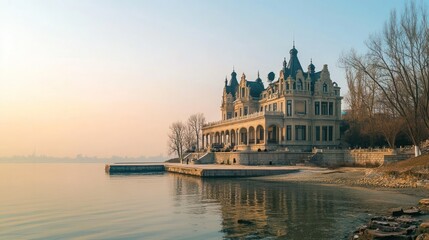 Fototapeta premium Majestic European-style mansion on a tranquil lake shore at sunrise