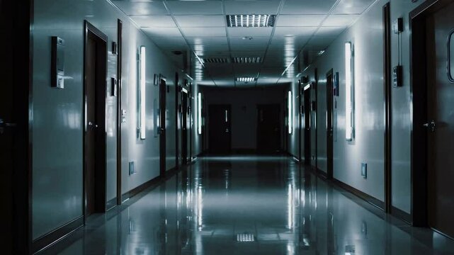 Exploring an empty hospital corridor with flickering lights at night