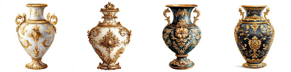 Ornate baroque style vases with intricate gold detailing showcase elegance and luxury, perfect for enhancing any decor