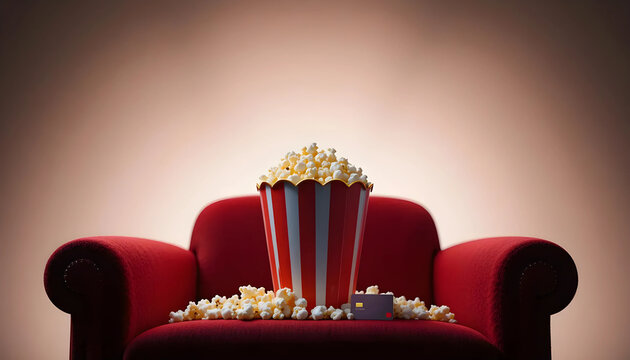 Popcorn and Remote on Red Armchair Movie Night Setup