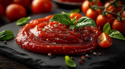 Obraz premium **A high-resolution close-up of tomato ketchup artfully spread across a slate plate, with tiny green leaves delicately placed on the sides.