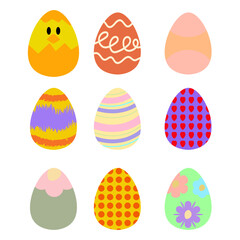 Set of colorful Easter eggs with various decorative patterns. Perfect for festive designs, greeting cards, gift wrap, textiles, and digital projects