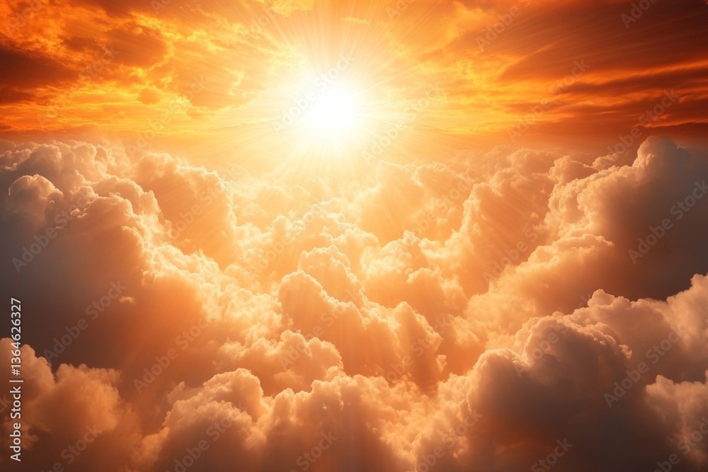 Poster glowing sunset over fluffy clouds creating a warm atmosphere in the sky