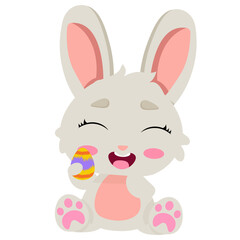 Obraz premium Smiling Easter bunny holding a colorful decorated egg, radiating joy and festivity. Ideal for greeting cards, children’s designs, spring themes, and seasonal decorations