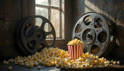 Popcorn and Vintage Film Reels in Rustic Room
