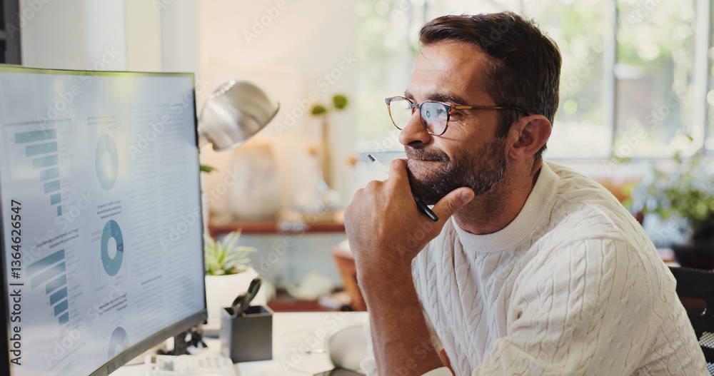 Poster thinking, graphs and man on computer in home for review of growth for report, charts or data analysi
