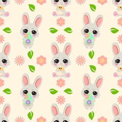 Seamless Easter pattern with cute bunnies, baby chicks, flowers, and leaves on a soft pastel background. Perfect for holiday decorations, textiles, wrapping paper, greeting cards