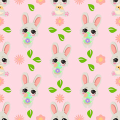 Seamless Easter pattern with cute bunnies holding decorated eggs, surrounded by flowers and green leaves on a pastel pink background. Ideal for holiday designs, gift wrapping, textiles
