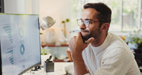 Thinking, graphs and man on computer in home for review of growth for report, charts or data analysis. Online, remote work or financial analyst with screen for research, solution or problem solving