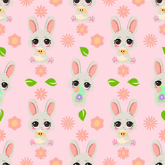 Seamless Easter pattern with adorable bunnies and baby chicks, decorated with flowers and green leaves on a pastel pink background. Perfect for festive wrapping, greeting cards, textiles