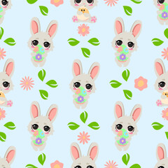 Seamless Easter pattern with cute rabbits, flowers, and green leaves on a pastel blue background. Perfect for holiday designs, textiles, gift wrapping, greeting cards, and festive decorations