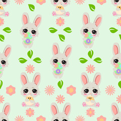 Seamless pattern with cute Easter bunnies, flowers, and green leaves on a soft pastel background. Perfect for holiday decorations, textiles, invitations, wallpapers, and gift wrapping designs