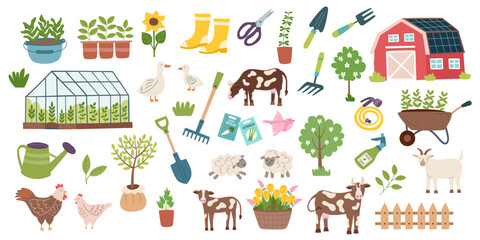 Farming and gardening concept cliparts isolated on white background. Agriculture and livestock breeding elements. Vector hand drawn objects collection.