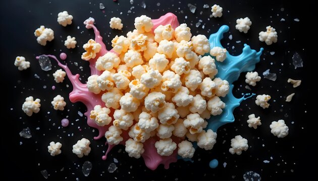 Popcorn in Pink and Blue Paint Splatter on Dark Background