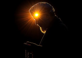 Silhouette prayer, radiant light, dark background