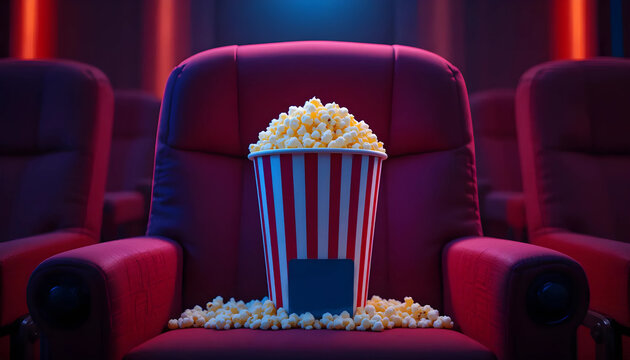 Popcorn in Red Movie Theater Seat Under Dim Lighting