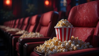 Popcorn Spilled on Red Theater Seats: A Cinematic Scene
