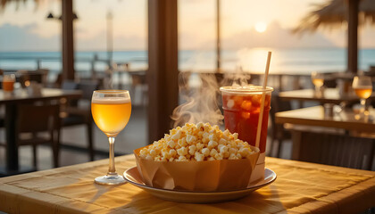 Sunset Beach Restaurant Scene with Popcorn, Iced Tea, and Wine