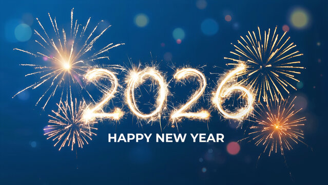 Festive New Year 2026 Celebration &ndash; Golden Sparkler Writing and Fireworks on Dark Blue Background
