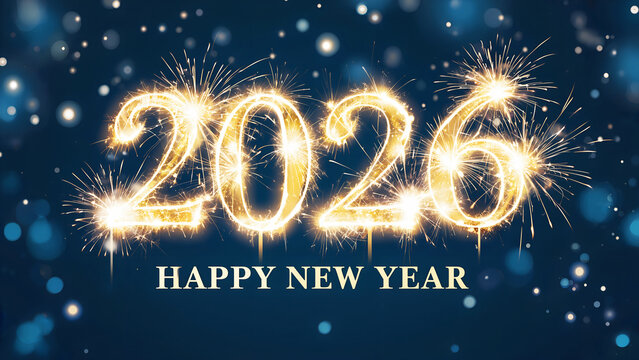 Festive New Year 2026 Celebration &ndash; Golden Sparkler Writing and Fireworks on Dark Blue Background
