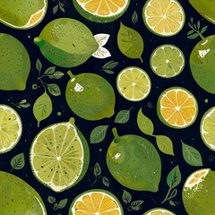Abstract colourful vibrant textile pattern. Fresh ripe bright limes with leaves wallpaper. Art decorative modern painting, simple drawing background for wrapping. Flat colour art.	