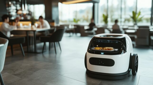 A robot delivering food in a restaurant, futuristic dining room with autonomous food delivery robots and customer interactions, High-tech style