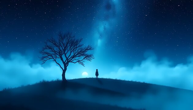 A lone figure stans by a bare tree under a serene starry night, surrounded by foggy landscape, anime style, dreamy, backgrounds, wallpaper, wallart - Powered by Adobe