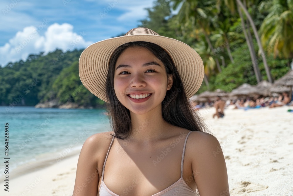 Poster smiling young woman on a tropical beach enjoying a sunny day with clear waters and palm trees in the