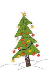 New Year decorated tree. Drawing drawn by a child. Illustration. Isolated on white background.