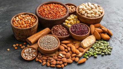 Naklejka premium A Colorful Assortment of Grains, Legumes, Nuts, and Seeds Artfully Displayed in Wooden Bowls on a Dark Gray Surface Showcasing Healthy Foods