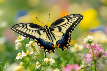 Naklejka premium Colorful butterfly resting on blooming flowers in a vibrant garden during springtime