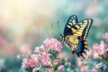 Vibrant butterfly feeding on pink flowers in a sunlit garden during spring season