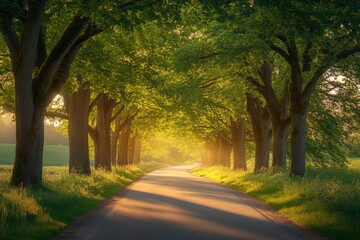 Naklejka premium Sunlit country road lined with green trees during golden hour