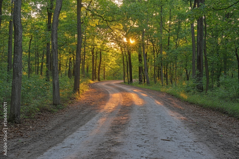 Aufkleber winding dirt path through a lush forest at sunset with warm sunlight filtering through the trees