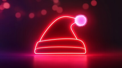 Glowing neon Santa hat icon in red and white with illuminated pom-pom on dark background

