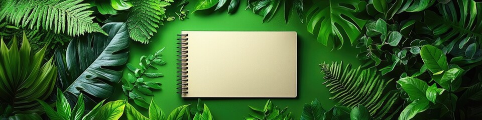 Blank notepad surrounded by lush green tropical foliage.  Perfect for notes or ideas