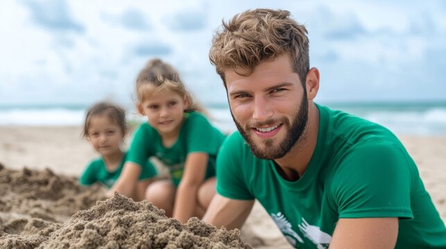 Elegant Volunteers educating kids at beach cleanup with shark conservation posters environmental action meets ocean awareness 