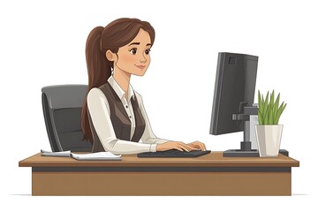 Woman Working at Desk, Computer, Office