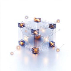 glowing digital cube with interconnected nodes, representing blockchain technology and decentralized networks