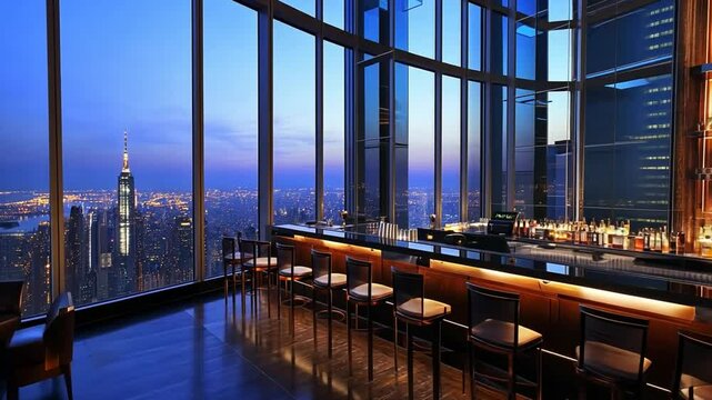 Manhattan Skyline View from a Luxurious Rooftop Bar