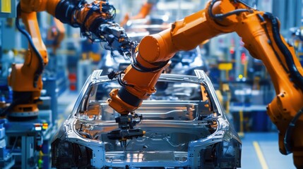 A robotic arm assembling a car in an automotive factory, high-tech car manufacturing plant with robotic assembly lines and automated tools, High-tech style