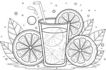 summer theme, Refreshing drink illustration with citrus slices and leaves in a minimalist style. Outline for coloring.
