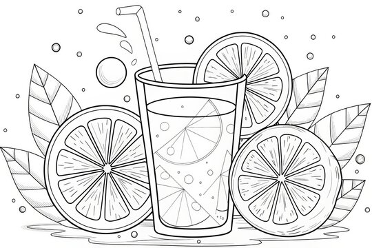 summer theme, Refreshing drink illustration with citrus slices and leaves in a minimalist style. Outline for coloring.