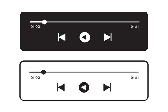 Audio player for songs or podcast playlist. Play or pause button. Music or video play bar icon on grey background. Vector illustration. Eps file 41.