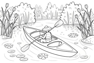 summer theme, A person kayaking in a tranquil river surrounded by lush greenery and water lilies. Outline for coloring.
