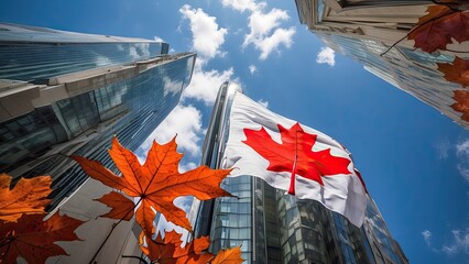 A Canadian flag waves on a flagpole in the foreground,