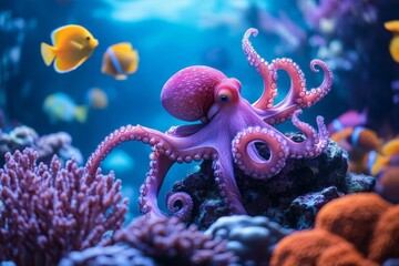 Obraz premium Colorful underwater scene with an octopus and vibrant tropical fish swimming in a coral reef