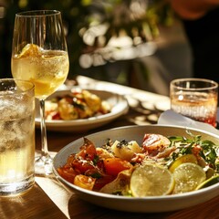 Sunny outdoor dining with drinks and appetizers